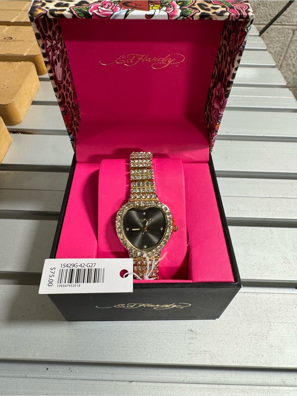 Ed Hardy Women’s Gold Tone Heart Shaped Watch Face
